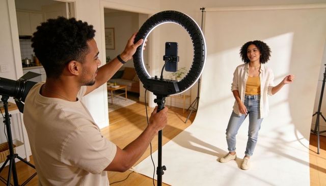 Content Creator Duo Filming in Home Studio with LED Ring Light, Phone Mount, Soft Backdrop