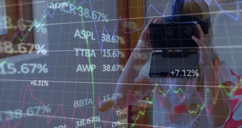 Woman using vr headset interacting with financial graphs