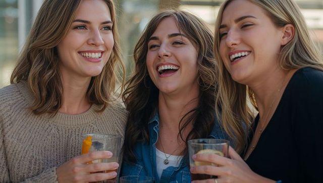 Three friends laughing and holding citrus drinks on sunny outdoor cafe patio for casual brunch