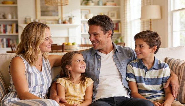 Smiling family of four sitting on sofa chatting in bright cozy modern living room