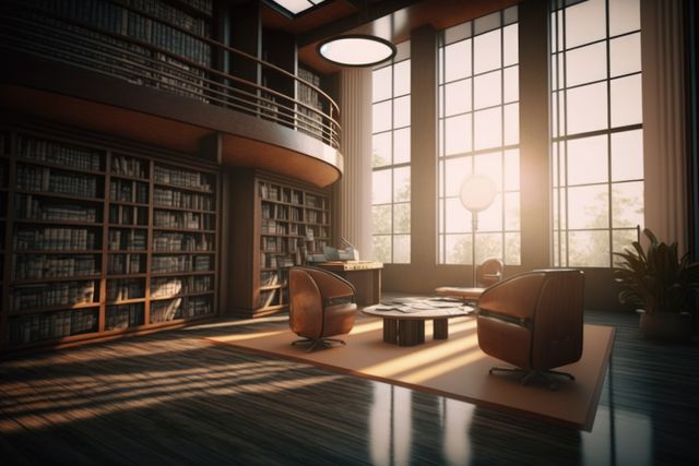 Interior of library with bookcases, armchairs and big windows created using generative ai technology. Library, reading and design concept digitally generated image.