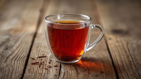 Clear double-walled glass cup holding amber tea on rustic wood table with loose tea leaves