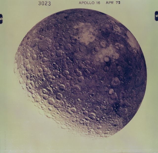Detailed view of Moon’s far side taken during Apollo 16 mission in April 1972. Perfect for educational materials on space exploration, historical NASA missions, and geological study of lunar surfaces. Could also be used in scientific presentations, documentaries, and astronomy publications.