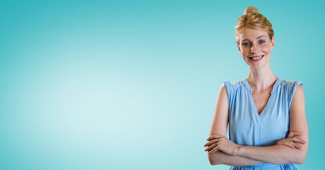 Confident woman smiling with arms crossed against a blue background. Great for business, professional, and lifestyle projects, conveying positivity, success, and modern style. Suitable for advertisements, marketing materials, websites, and social media campaigns.
