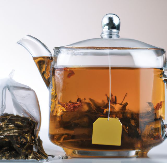 Image of close up of glass cup of teapot and tea bag on white background. Drink and tea concept.