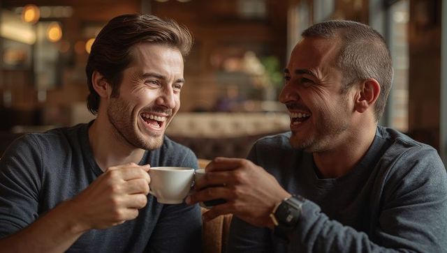 Two friends laughing over coffee in cozy cafe booth sharing casual conversation