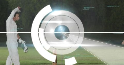 Cricket batsman walking off with helmet and glove using futuristic hud crosshair on floodlit pitch