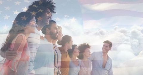 Diverse Friends Embracing with Translucent American Flag Overlay