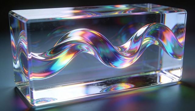 Iridescent crystal block with wavy ribbon casting rainbow caustics and prism glints
