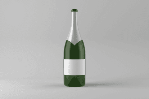Green wine bottle with label on transparent background