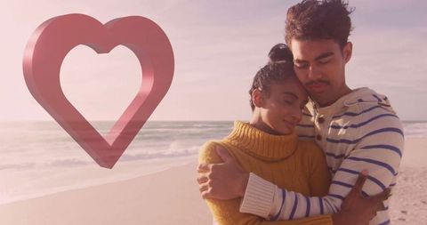 Romantic morning embrace on tranquil beach with heart symbol