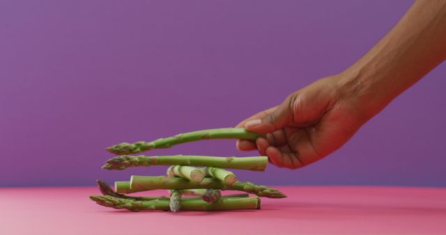 Hand Arranging Fresh Green Asparagus on Table with Purple Background - Download Free Stock Images Pikwizard.com