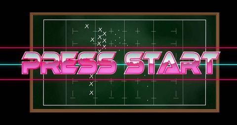 Press start neon sign glowing over chalkboard strategy grid with retro 80s vaporwave