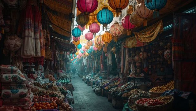 Vibrant market alley with colorful lanterns and fresh produce