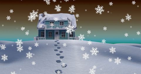 Cozy Snow-Covered House With Falling Snowflakes in Winter Wonderland