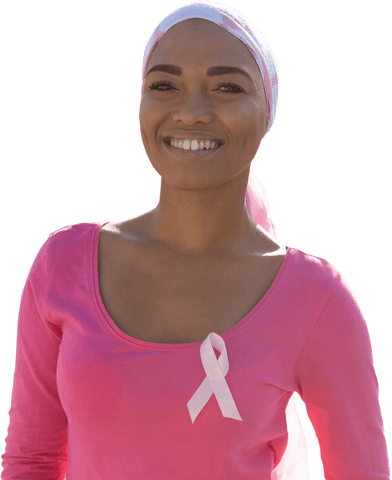 Smiling Woman with Transparent Cancer Ribbon on Pink Shirt