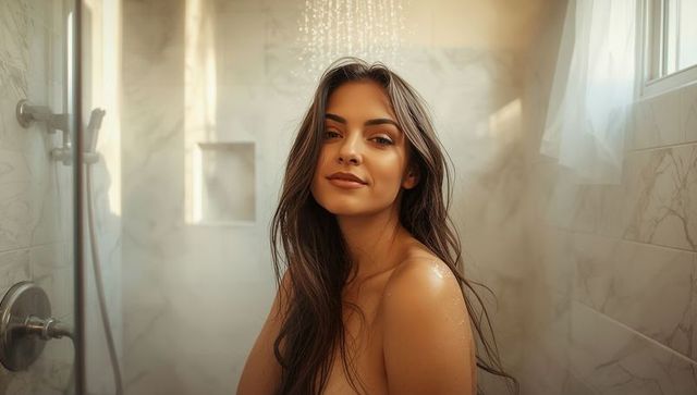 Serene woman enjoying rainfall shower in luxurious marble bathroom