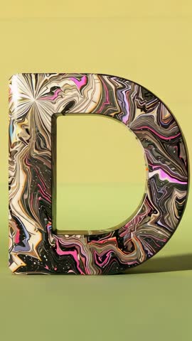 Rotating Marbled Letter D on Green Backdrop Vertical Studio Animation Looping Minimal