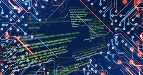 Futuristic Circuit Board with Cybersecurity Code Overlay