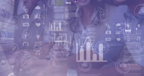 Animated Graphs Overlay on Business Team in Modern Office