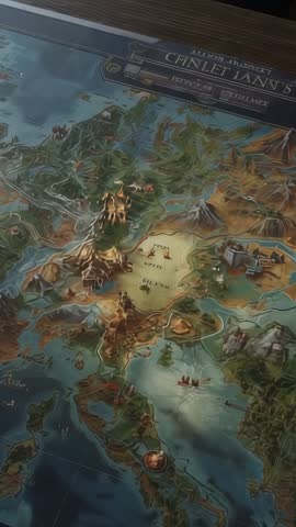 Vertical cinematic map reveal panning across fantasy tabletop landscape with fortress peaks