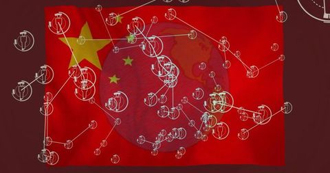 Chinese Flag Overlayed with Digital Network Icons Illustrating Global Connectivity