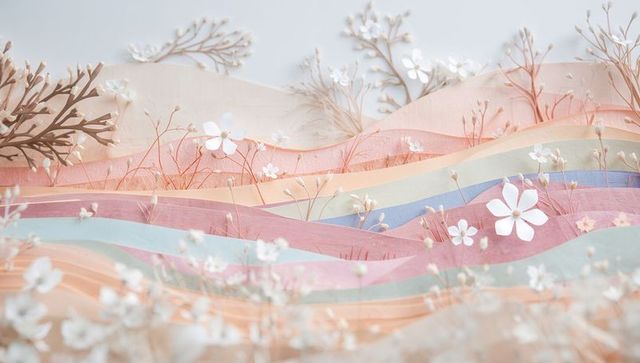 Pastel paper diorama of layered hills and delicate white flowers, handmade papercraft scene