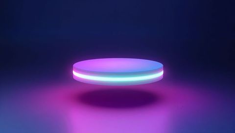 Floating Neon Disc Platform Emitting Holographic Magenta-Cyan Glow over Mirrored Surface
