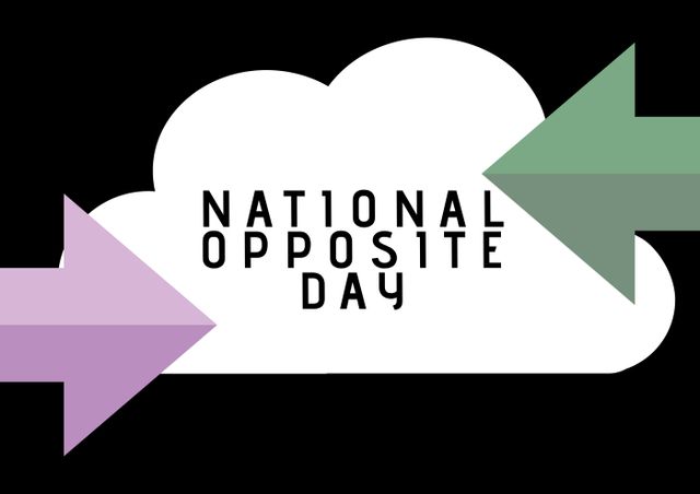 Composition of national opposite day text with arrows and cloud icon on black background. National opposite day and celebration concept digitally generated image.
