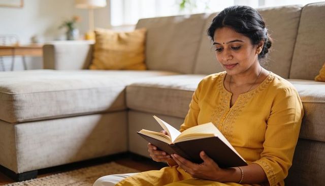 Sitting woman in mustard kurta reading book on rug next to l-shaped sofa cozy lifestyle