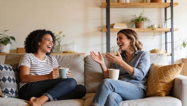 Cozy living room chat two friends laughing and drinking coffee on comfortable sofa