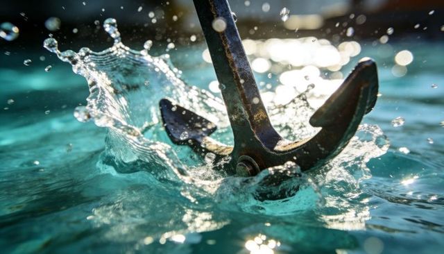 Rusted anchor plunging into turquoise water, dramatic splash and sunlit droplets