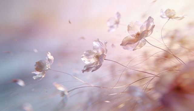Swaying sheer pastel wildflowers catching warm backlight with dreamy bokeh