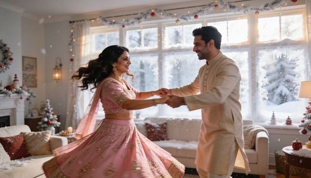 South asian couple twirling in festive lehenga and kurta during cozy winter celebration