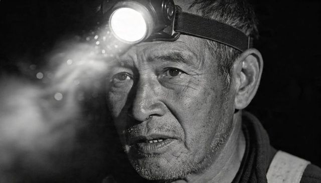 Peering senior asian miner wearing headlamp and harness, scanning dusty tunnel in monochrome