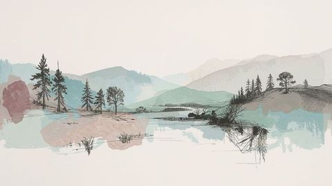 Watercolor Lakeside Landscape with Misty Ridges and Reflections