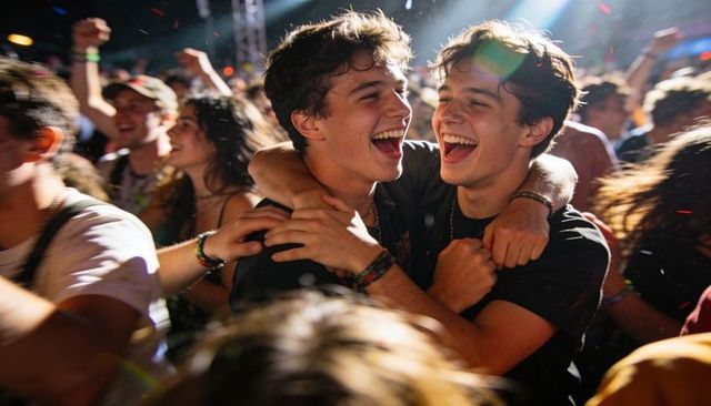 Two young men laughing and embracing at crowded nighttime music festival with confetti