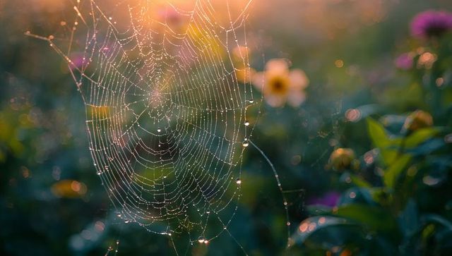 Glistening spider orb web catching warm sunrise light with dew droplets and wildflowers