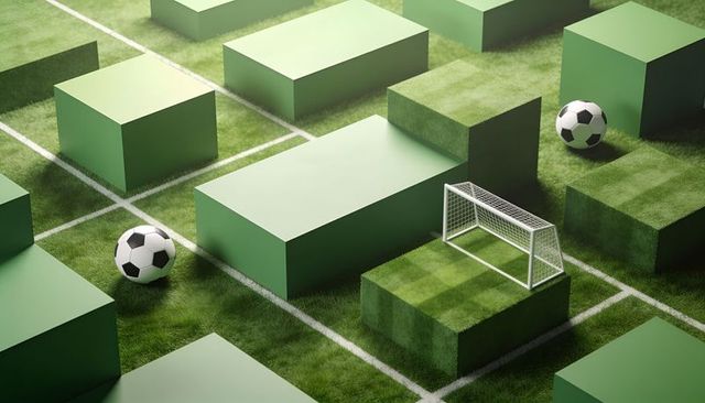 Abstract geometric turf grid with mini soccer goal, floating green blocks and footballs