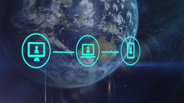 Graphic showing interconnected computers and hourglass icons over Earth, symbolizing global data sync and network acceleration. Useful for concepts of international communication, networking solutions, and cybersecurity initiatives. Perfect for illustrating the rise of virtual connectivity in business and beyond.