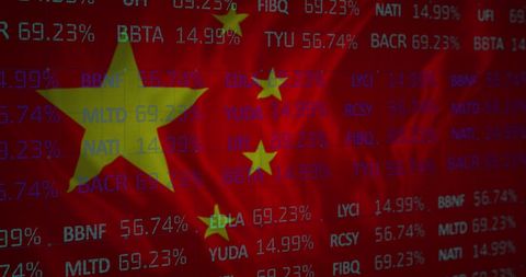 Chinese Flag Overlaid on Stock Market Data Analysis
