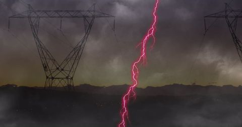 Dramatic Pink Lightning Storm Overpowering Electric Pylons - Download Free Stock Images Pikwizard.com
