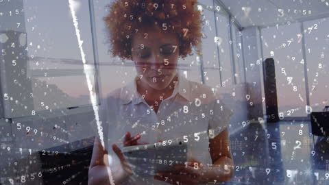 Woman Engaging with Technology Amid Digital Code Overlay