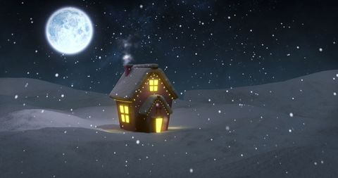 Cozy christmas cottage in moonlit winter wonderland
