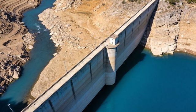 Aerial crossing showcasing concrete dam cutting diagonal across turquoise reservoir canyon