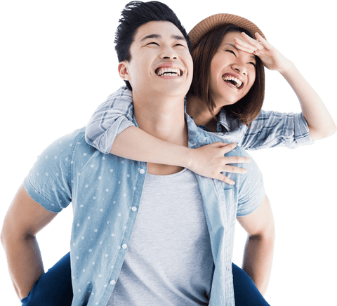 Cheerful Couple Enjoying Playful Piggyback Ride on Transparent Background