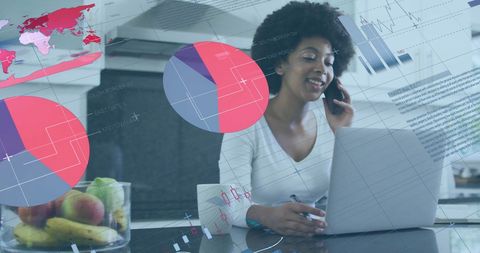 Businesswoman Analyzing Data with Financial Graphics Overlay