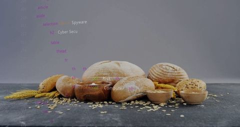 Artisan breads with digital code overlay symbolizing e-commerce