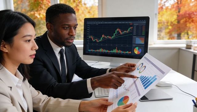 Financial analysts analyzing stock charts and reports while discussing trading strategy