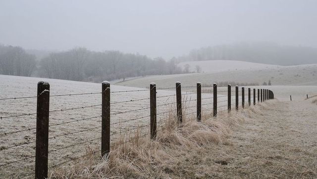 Frost-covered fence posts stretching across misty winter pasture with frosted hills